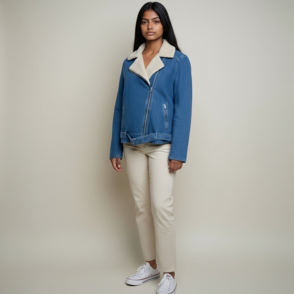 Anthropologie Cloth and Stone Denim Blue Moto Jacket Sherpa Layering Medium